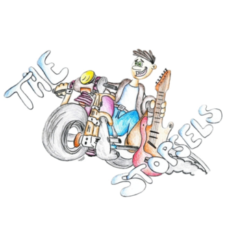 Ein bunter Cartoon, der einen fröhlichen Musiker auf einem Motorrad zeigt. Der Musiker hält eine Gitarre und das Wort "The Storbels" ist zu sehen.