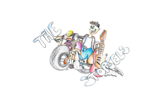 Ein bunter Cartoon, der einen fröhlichen Musiker auf einem Motorrad zeigt. Der Musiker hält eine Gitarre und das Wort "The Storbels" ist zu sehen.