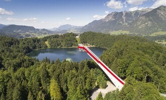 Eine beeindruckende Aussichtsbrücke über einen klaren See, umgeben von grünen Wäldern und Bergen. Der Himmel ist blau mit einigen Wolken.