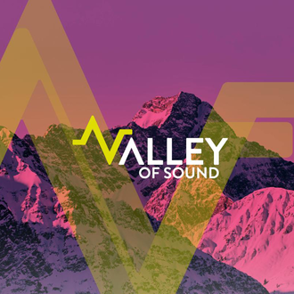 A graphic image titled "Valley of Sound". In the background, impressive mountains in purple and pink tones can be seen, with modern, colorful graphic elements in the foreground.