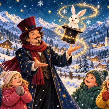 Ein Zauberer zieht einen Hasen aus einem Zylinder, während eine Gruppe von Kindern begeistert zuschaut. Im Hintergrund sind schneebedeckte Berge und festlich beleuchtete Häuser zu sehen.