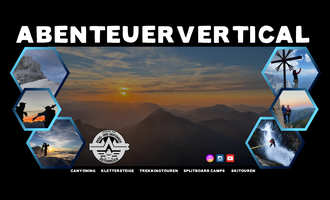 The image depicts an adventure trip with various activities in nature, including canyoning and via ferrata. The breathtaking landscape is accompanied by a beautiful sunset.