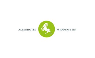 A logo of the Alpenhotel Widderstein featuring a stylized mountain sheep in the center. The colors are green and white, creating a natural and inviting atmosphere.