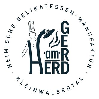 A logo of a delicatessen manufactory featuring a chef symbol. The name "GER am HERD" is at the center, surrounded by additional information.