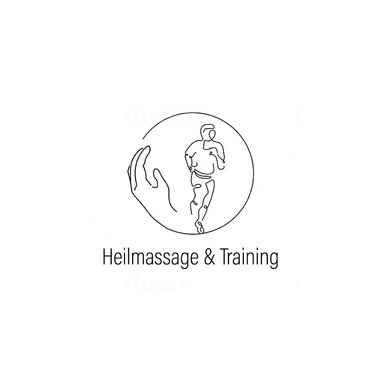 A minimalist logo that shows a hand and a running figure. The text below reads "Heilmassage & Training". | © Florian Nyer Logo