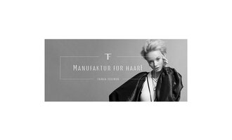 A modern black and white image featuring a woman wearing stylish clothing. The text "Manufaktur für Haare" and "Tanja Heilmer" are visible. | © TF Tanja Fellner Manufaktur für Haare Logo