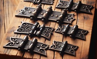 Eine Sammlung von dekorativen Scharnieren auf einem rustikalen Holzbrett. Die Scharniere sind in verschiedenen Größen und Designvarianten angeordnet. | © KI erstellt