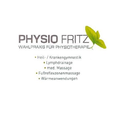 A business card for the practice "Physio Fritz". It offers various physiotherapeutic services such as therapeutic exercises, lymphatic drainage, and medical massages. | © Praxis Physiotherapie Fritz Visitenkarte Logo