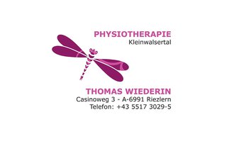 A logo for a physiotherapy practice named "Thomas Wiederin". The design features a dragonfly and includes contact details and the address. | © Thomas Wiederin Logo