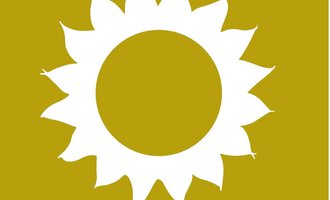 Ein einfaches, weißes Sonnenmotiv auf einem gelben Hintergrund. Die Strahlen der Sonne sind gleichmäßig und symmetrisch angeordnet.