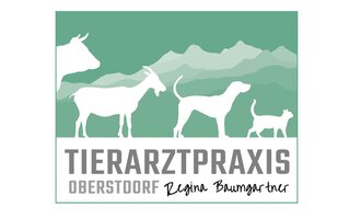 The logo of a veterinary practice features a series of stylized animals, including a cow, a goat, a dog, and a cat. The background is in various shades of green, with the inscription "Tierarztpraxis Oberstdorf" underneath. | © Logo Regina Baumgartner