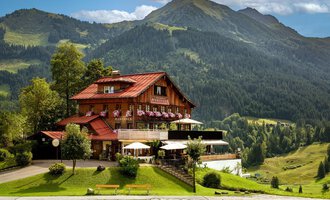 A rustic chalet in the mountains with a red roof and many flowers. The surroundings are green and hilly, surrounded by majestic mountains.