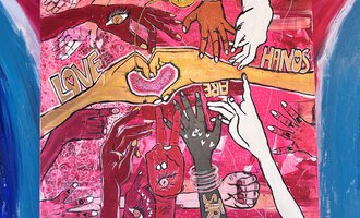 A colorful artwork with hands in different skin tones meeting in the middle. Inside, the words "LOVE" and "HANDS" are displayed in vibrant colors.