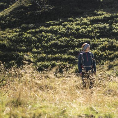 Ein einzelner Wanderer im Herbst im Schwarzwald, umgeben von grünen Hügeln und trockenem Gras | © Kleinwalsertal Tourismus eGen • Fotograf: Andre Tappe