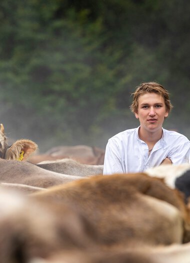 Young woman stands among a herd of cows during an alpine cattle drive. Trees and fog are visible in the background. | © Kleinwalsertal Tourismus eGen • Photographer: Frank Drechsel