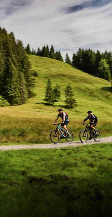 Two cyclists riding on a forest trail in Kleinwalsertal, surrounded by green hills and forests on a sunny day. | © Kleinwalsertal Tourismus eGen • Photographer: Oliver Farys