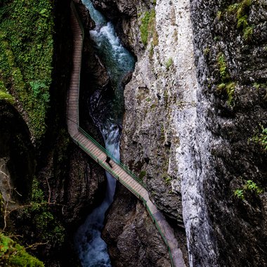 Blick vom Zwingsteig in die Breitachklamm im Sommer, enges Tal mit Wasser und Felsen, Umgeben von grüner Vegetation. | © Kleinwalsertal Tourismus eGen • Breitachklamm • Fotograf: Domink Berchtold