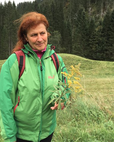 Frau in grüner Jacke bei einem Spaziergang in der Natur, umgeben von Wiesen und Bäumen im Kleinwalsertal. | © Kleinwalsertal Tourismus eGen