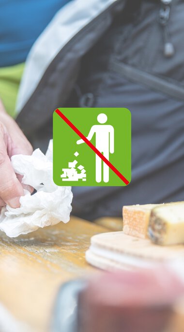 Person wirft Müll in die Tonne, Umweltzeichen mit Verbotssymbol für Wegwerfen auf den Boden, um Abfall zu vermeiden. | © Kleinwalsertal Tourismus eGen