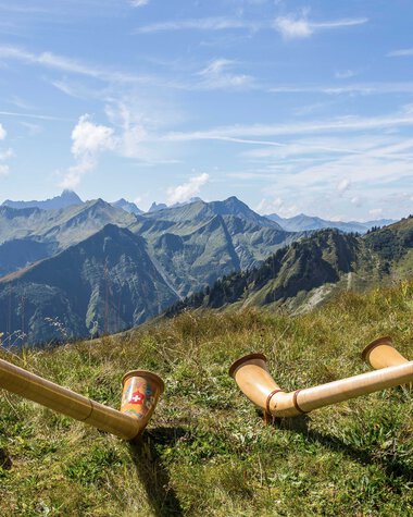 Mehrere Alphörner liegen im Gras auf einer Bergwiese mit Blick auf die Bergkette und den Himmel im Hintergrund. | © Kleinwalsertal Tourismus eGen • Fotograf: Frank Drechsel